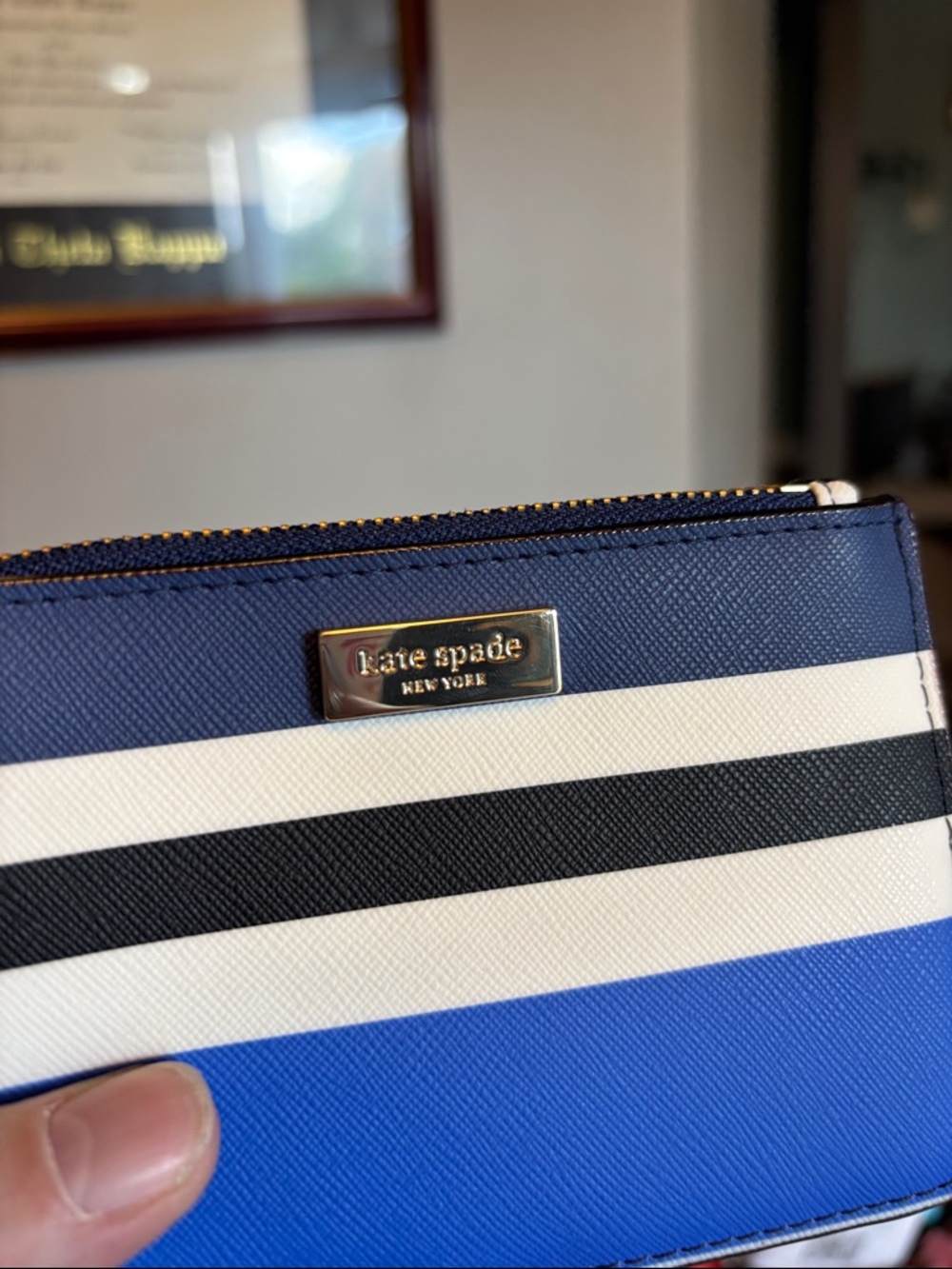 kate spade Blue, White & Black Striped Leather Zip Card Case with Key Ring - Picture 4 of 4